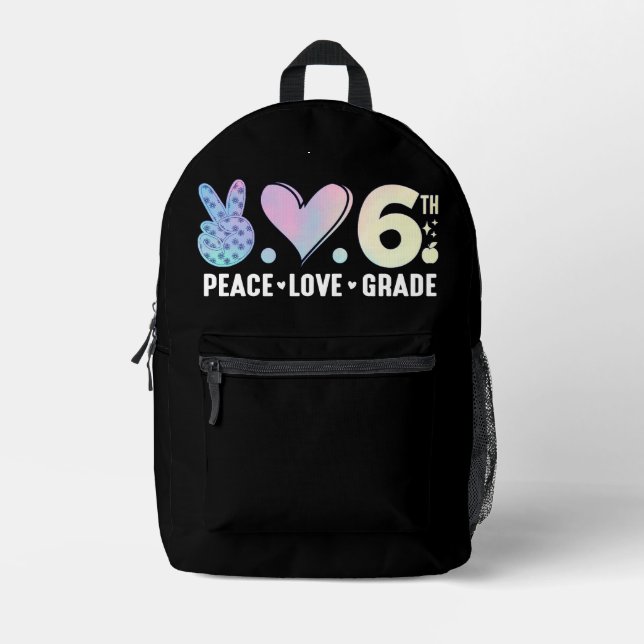 Peace Love 6th Grade Funny Back To School Printed Backpack (Front)