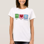 Peace Love Acupuncture Women's T-Shirt<br><div class="desc">A cute acupuncturist t-shirt featuring a pretty green peace sign, red heart, and a person practicing wellness and pain treatment through acupuncture.</div>