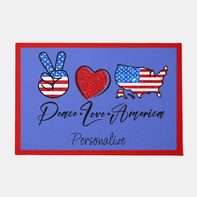 Peace Love America Quote Flag Heart Peace Sign USA Doormat (Front)