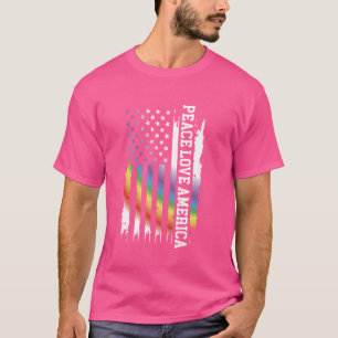 Peace Love America United States Rainbow w US Flag T-Shirt