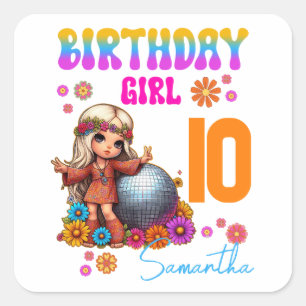 Peace, Love, and Birthday Vibes Hippie Girl  Square Sticker
