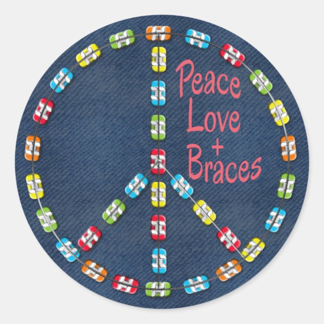 Peace, Love and Braces Colourful Braces on Denim Classic Round Sticker (Front)