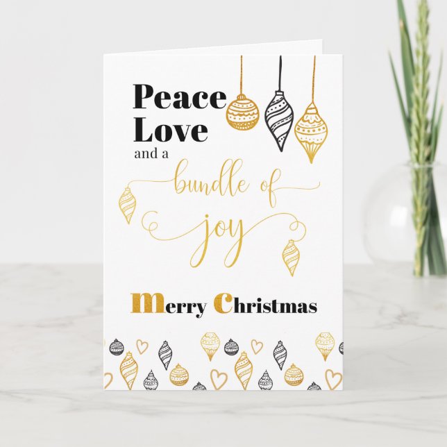 Peace Love and Bundle of Joy Black Gold Pregnancy Holiday Card (Front)