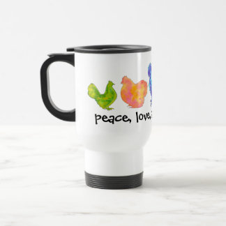 peace, love and chickens watercolor mug