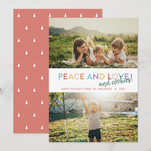 Peace Love and Cookies Fun 2 Photo Rainbow Holiday Card (Front/Back)