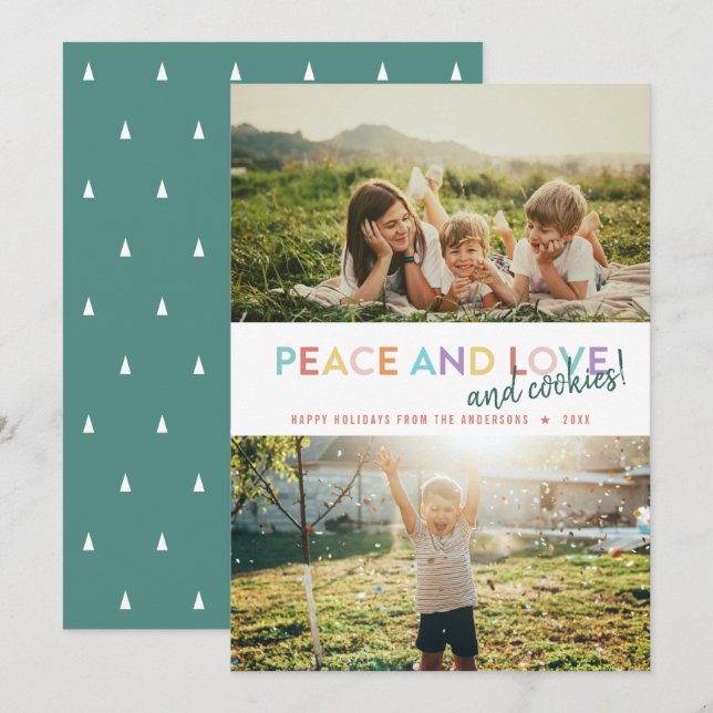 Peace Love and Cookies Fun 2 Photo Rainbow Holiday Card (Front/Back)