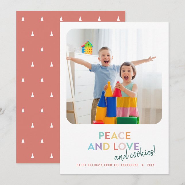 Peace Love and Cookies Fun Bright Rainbow Trees Holiday Card (Front/Back)