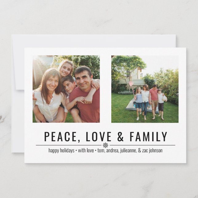 Peace Love and Family 2 Photos Holiday Card (Front)