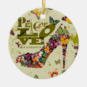 Peace Love and Fashion Graphic Art. Ceramic Tree Decoration