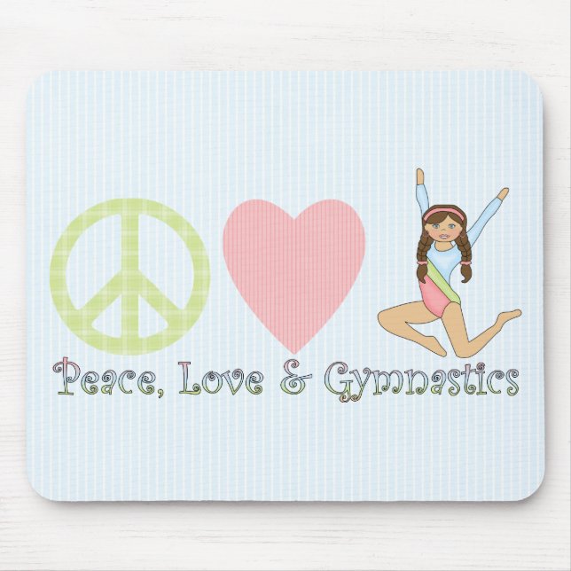 Peace, Love and Gymnastics Brunette Mouse Mat (Front)