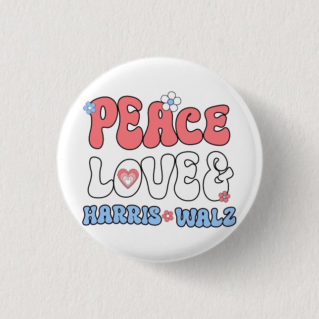 Peace Love and Harris Walz Retro Hippie Style 3 Cm Round Badge (Front)
