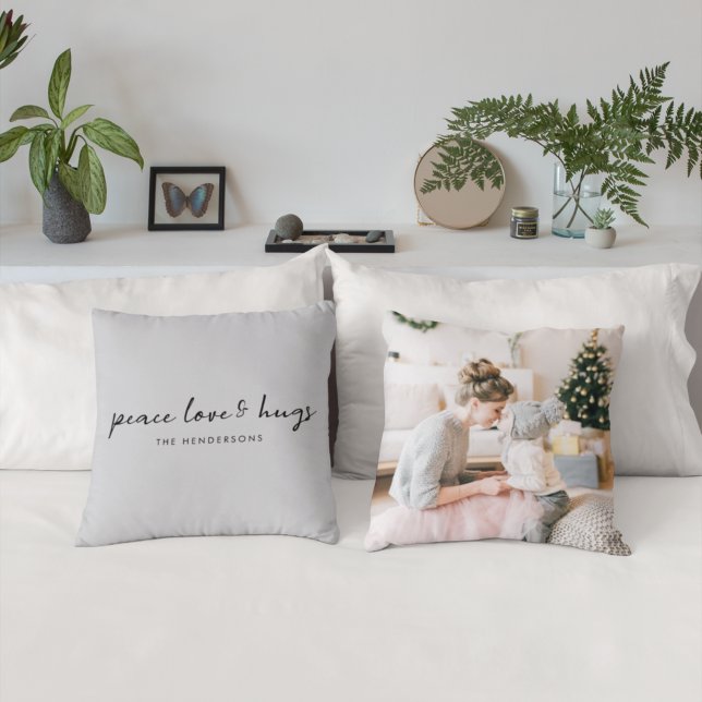 Peace Love and Hugs | Dove Grey Christmas Photo Cushion (Creator Uploaded)