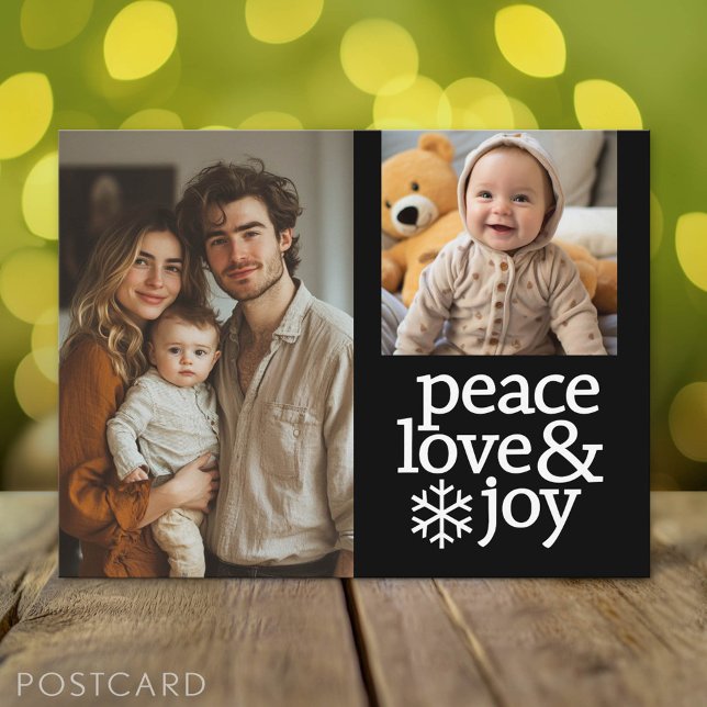 Peace, Love and Joy - 2 Photo - black white Holiday Postcard (Holiday Photo Postcard)