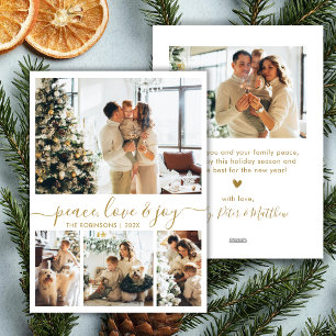 Peace Love and Joy Gold Script 4 Photo Christmas Holiday Card