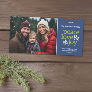 Peace Love and Joy - horizontal photo blue green Holiday Card