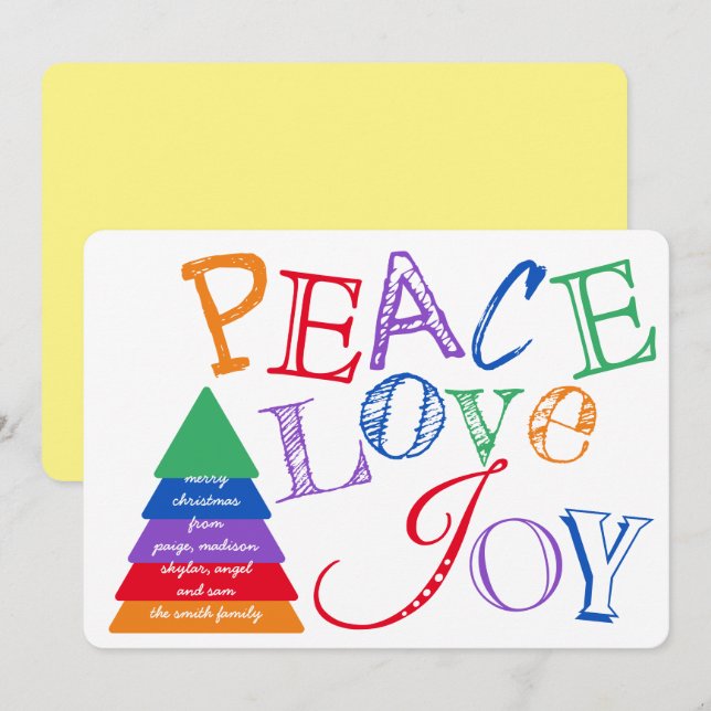 Peace Love And Joy Rainbow Colours Typography Holiday Card (Front/Back)