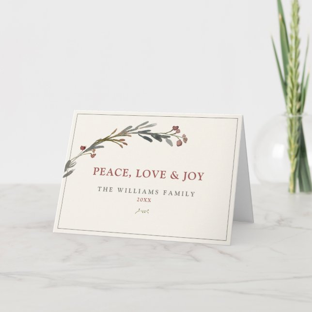 Peace Love and Joy Red Berries Greenery Folded Card (Front)