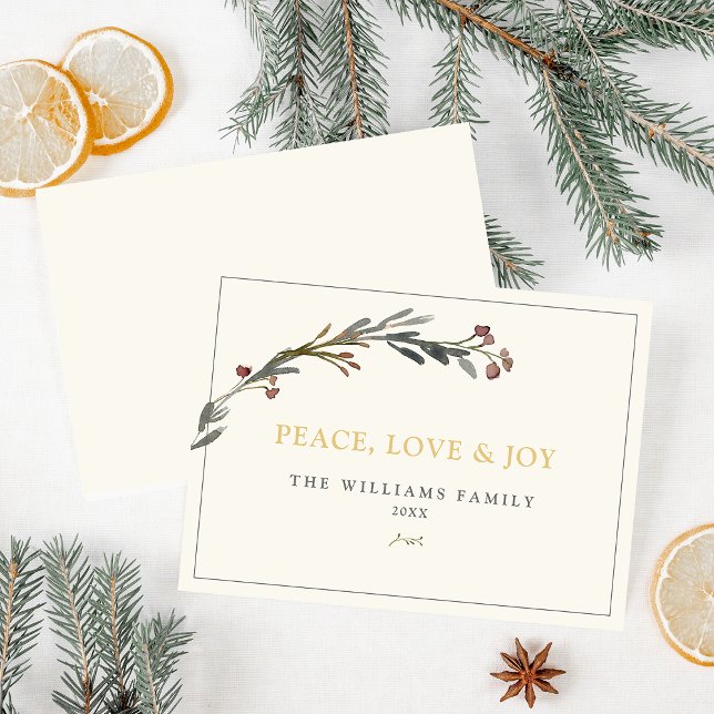 Peace Love and Joy Red Berries Greenery Holiday Card (Creator Uploaded)