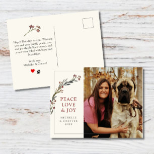 Peace Love and Joy Red Greenery Pet Photo Postcard