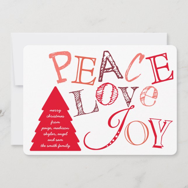 Peace Love And Joy Red On White Typography Holiday Card (Front)