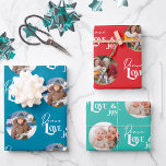Peace Love and Joy Round Photos Set of 3 Wrapping Paper Sheet<br><div class="desc">Photo wrapping paper - 3 designs in the set and you can customize each sheet with either the same or different photos. Personalize with pictures of who the gift is for or, who the gift is from; whichever you prefer. Each sheet is lettered with Peace Love & Joy in handwritten...</div>