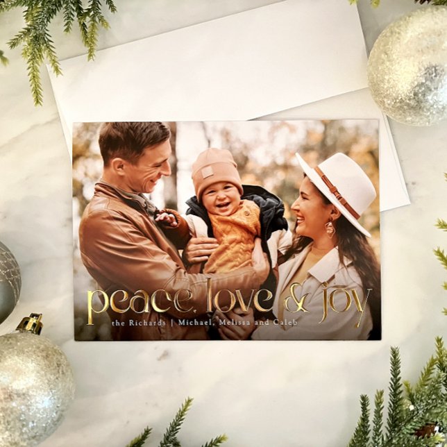 Peace, Love and Joy simple foil photo holiday card (Creator Uploaded)
