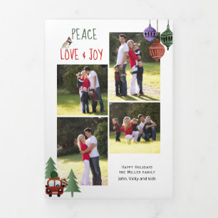 Peace love and joy, trees and ornaments red Tri-Fold holiday card