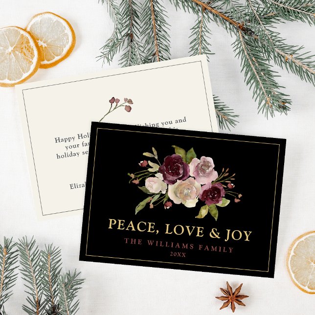 Peace Love and Joy Winter Bouquet Black Holiday Card (Creator Uploaded)