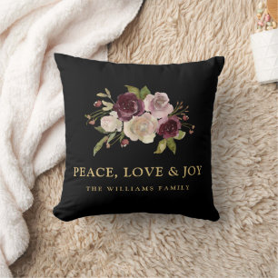 Peace Love and Joy Winter Bouquet Black Holiday Cushion
