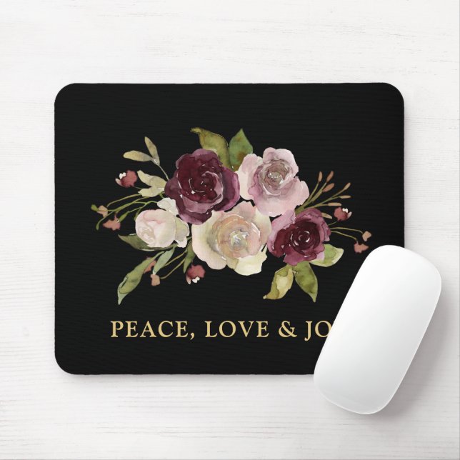 Peace Love and Joy Winter Bouquet Black Holiday Mouse Mat (With Mouse)