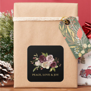 Peace Love and Joy Winter Bouquet Black Holiday Square Sticker
