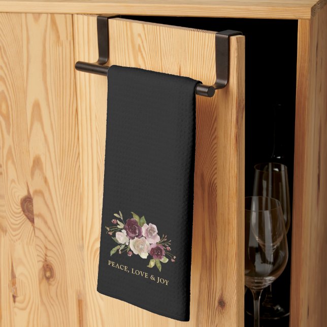 Peace Love and Joy Winter Bouquet Black Holiday Tea Towel (Thirds Fold)