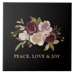 Peace Love and Joy Winter Bouquet Black Holiday Tile