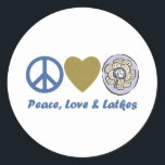 Peace, Love and Latkes Hanukkah Tees and Gifts Classic Round Sticker<br><div class="desc">Peace,  Love and Latkes Hanukkah Tees and Gifts</div>