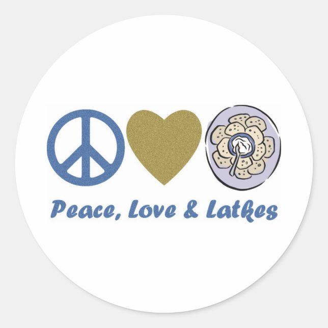 Peace, Love and Latkes Hanukkah Tees and Gifts Classic Round Sticker (Front)