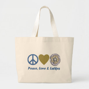 Peace, Love and Latkes Hanukkah Tees and Gifts Large Tote Bag
