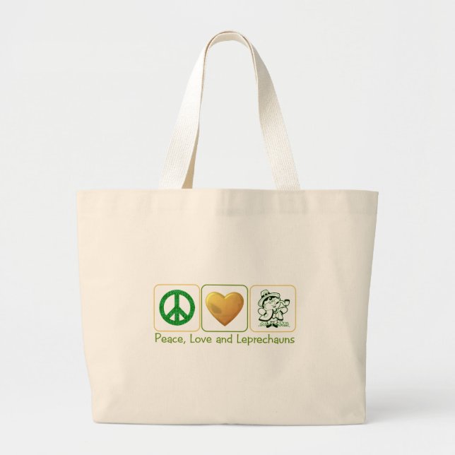 Peace, Love and Leprechauns Large Tote Bag (Front)
