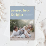 Peace Love and Light Light Blue Hanukkah Photo Foil Holiday Card<br><div class="desc">Peace,  love,  and light. | Send your Hanukkah greetings to family and friends with this customisable Hanukkah card. It features retro bold typography. Personalise this photo Hanukkah card by adding your details. This gold foil Hanukkah card is available in other colours and cardstock. Matching items are also available.</div>