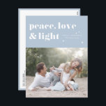 Peace Love and Light Light Blue Hanukkah Photo Holiday Postcard<br><div class="desc">Peace,  love,  and light. | Send your Hanukkah greetings to family and friends with this customisable Hanukkah postcard. It features retro bold typography. Personalise this photo Hanukkah postcard by adding your details. This custom Hanukkah postcard is available in other colours and cardstock. Matching items are also available.</div>