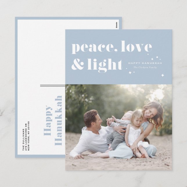 Peace Love and Light Light Blue Hanukkah Photo Holiday Postcard (Front/Back)