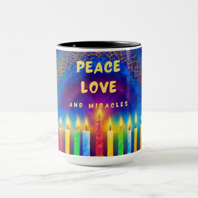 Peace, Love and Miracles- Hanukkah Mug (Center)