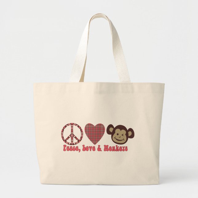 Peace, Love and Monkeys Retro Tees and Gifts Large Tote Bag (Front)