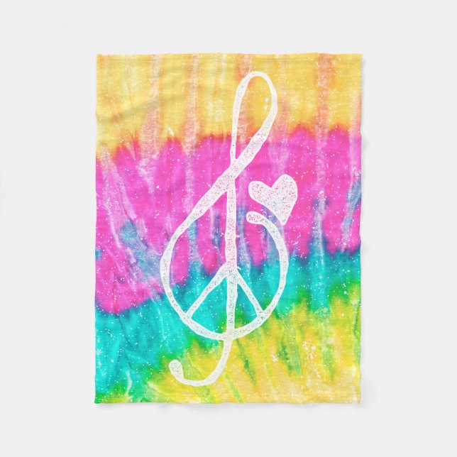 Peace Love and Music Note Tie Dye Fleece Blanket (Front)