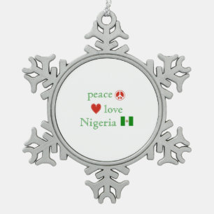 Peace Love and Nigeria Snowflake Pewter Christmas Ornament