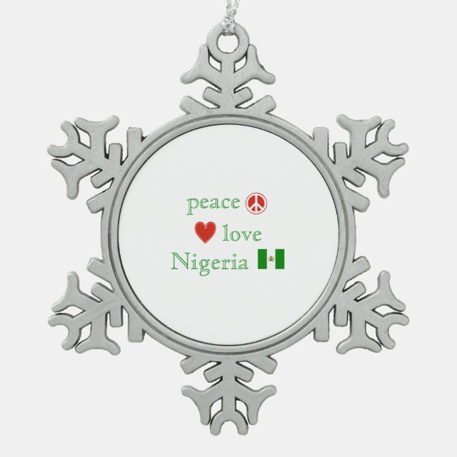 Peace Love and Nigeria Snowflake Pewter Christmas Ornament (Front)
