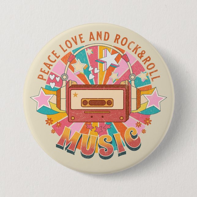 Peace love and rock & roll 7.5 cm round badge (Front)