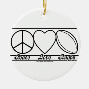 Peace Love and Rugby Ceramic Tree Decoration
