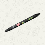Peace Love and Science with Name Black Ink Pen<br><div class="desc">This personalised pen is the perfect accessory for any science lover or student. Featuring a design with a peace symbol, heart, and chemistry experiment illustration, all set against a black background, this pen is both stylish and functional. The design is completed with a custom name printed in the same line,...</div>