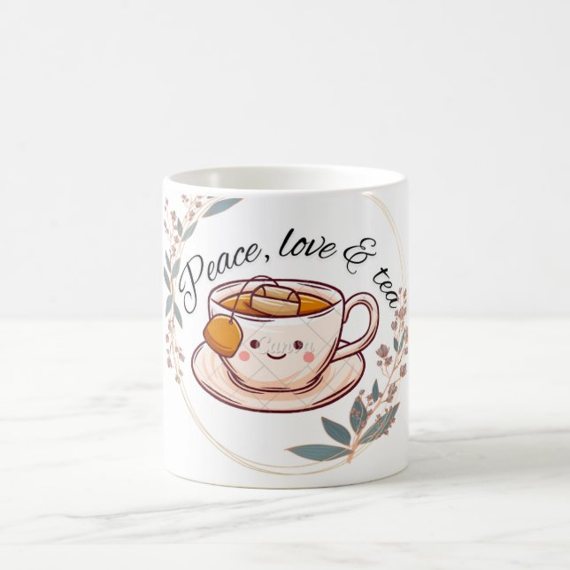 Peace Love and Tea Mug | Cute Tea Lover Coffee Mug (Center)