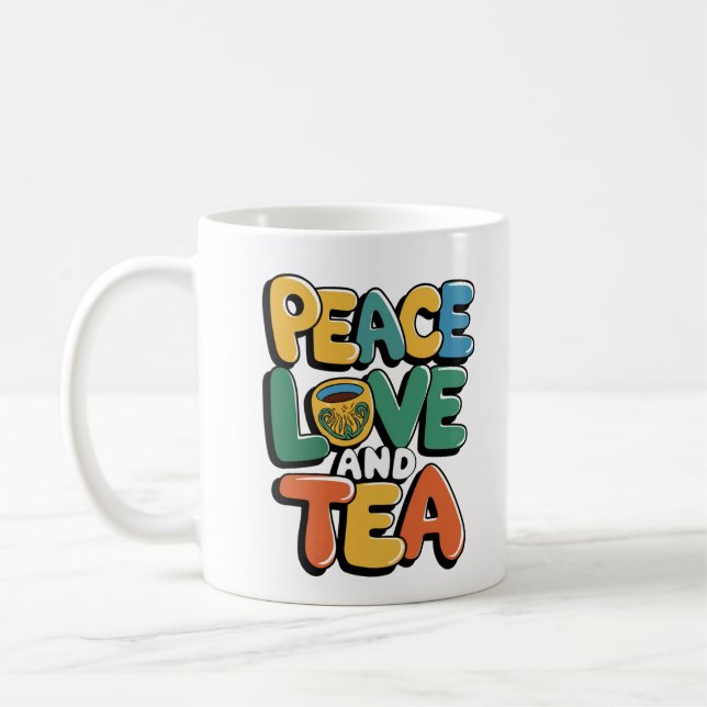 "Peace, Love, and Tea - Retro Mug Design for Tea (Left)